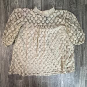 Luna Rae Cream Polka Dot Mesh Sheer Blouse Womens Keyhole Back Puff Sleeve Top